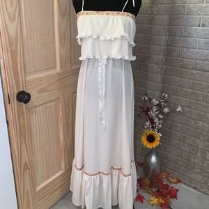 Vintage Bohemian Ivory w/ Floral Maxi Dress Sz L